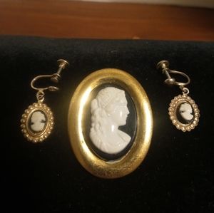 Vintage Cameo Brooch & Earrings